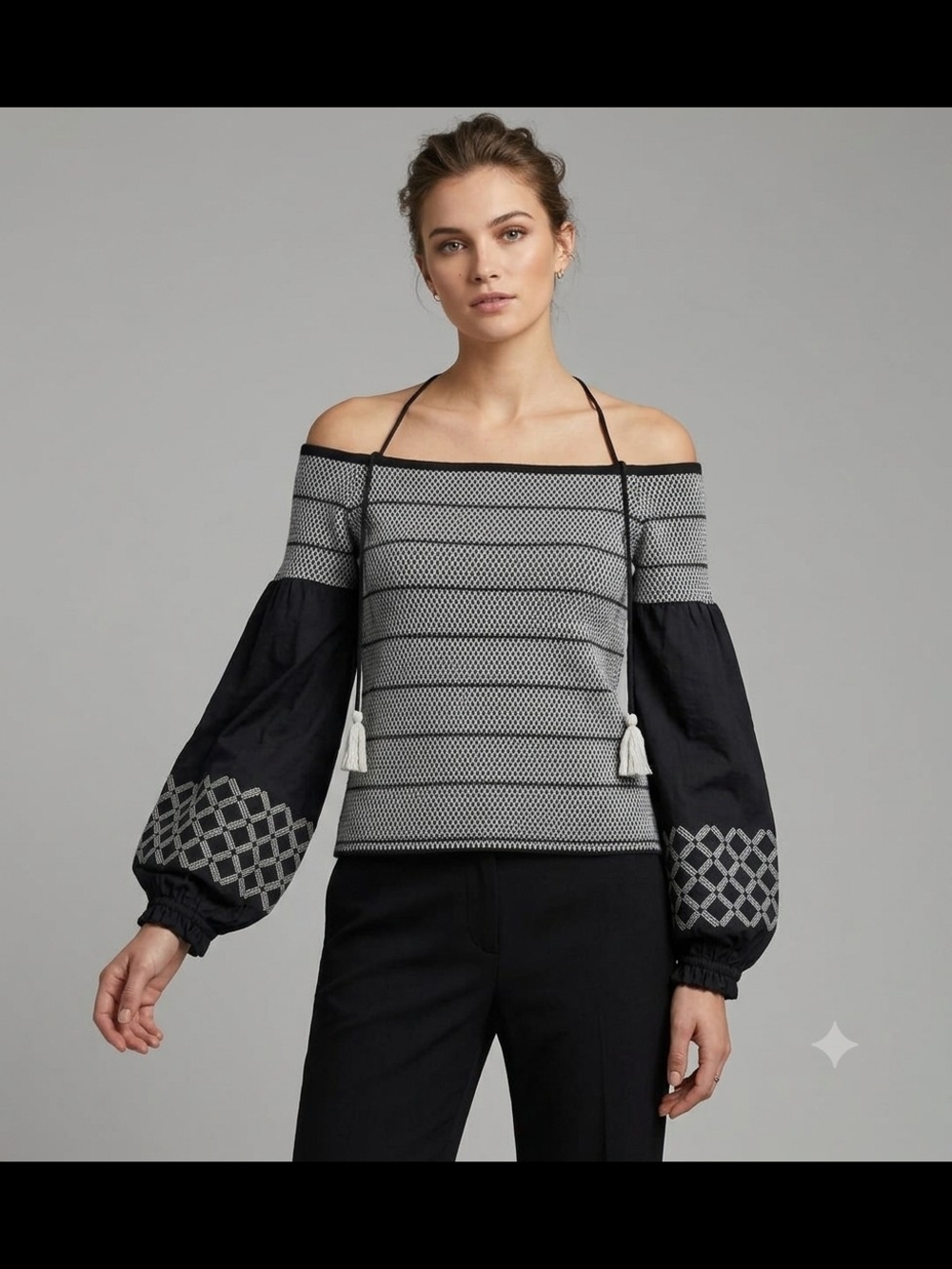 Inc Off-Shoulder Black and White Smocked Patterned Blouse with Balloon Sleeves - Picture 1 of 6